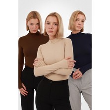 Yade Fashion Kadın Parmak Detaylı Body 3’lü Set – Kahverengi Ekru Lacivert
