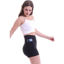 Win Moda Kadın Cepli Sporcu Şort Tayt Düz Desenli Yüksek Bel Boxer Kesim