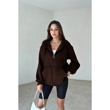 Yakamel Kadın 3 Iplik Oversize Kapüşonlu Fermuarlı Hırka Sweatshirt