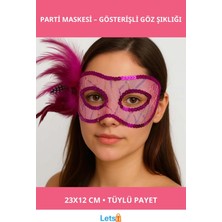 Letsii Fuşya Renk Yandan Tüylü Pul Payet Işlemeli Parti Maskesi 23X12 cm