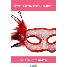 Letsii Kırmızı Yandan Tüylü Payetli Eğlenceli Parti Maskesi