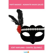 Letsii Gümüş Dantelli Kırmızı Gül Tasarımlı Şık Parti Maskesi