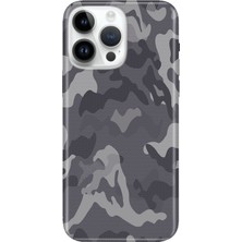 Nurdic iPhone 14 Pro Max Uyumlu Kılıf Resimli Desenli Silikon Gri Kamuflaj