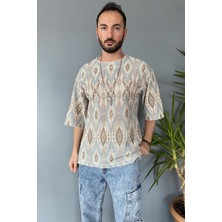 Alışveriş Sokağı Oversize Bisiklet Yaka Jakarlı Turkuaz Tişört