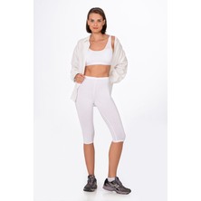 Kompedan Kadın Likralı Süprem Düz Kapri Tayt Beyaz | K0458