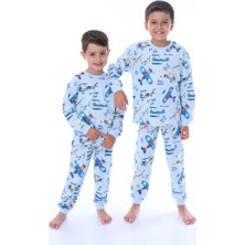 Yağmur Giyim Isob Mavi Uçak Desenli %100 Pamuk Erkek Çocuk Pijama Takımı 3-13 Yaş 51328-51516