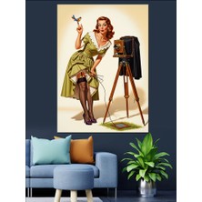 Artmeg Vintage Fotoğrafçı Kadın Kamera Dekoratif Kanvas - Mdf Ahşap Tablo