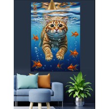 Karizma Tablo Denisde Yüzen Sarı Kedi ve Balıklar Dekoratif Kanvas - Mdf Ahşap Tablo