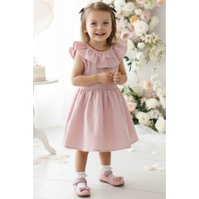 Parla Kids Kız Bebek Pudra Cherry Fiyonklu Fırfırlı Elbise Toka Takım