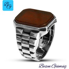 Besen Gümüş Dikdörtgen Akik Taşlı Rolex Tarzı Gümüş Erkek Yüzük