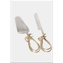 Lotus Çelik Pirinç Aksesuarlı Turta Bıçağı 33X4X1CM Turta Spatulası 29X6X3CM Seti