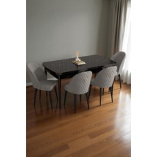 Baresmu Mura Siyah Mermer 80X132 Açılabilir Mdf Masa Yemek Odası Takımı, Mutfak Takımı 4 Adet Sandalye
