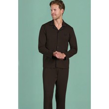 Pijadore Erkek Büyük Beden Kahverengi Uzun Kollu Önden Düğmeli Gömlek Yaka Pijama Takımı C7T3N91