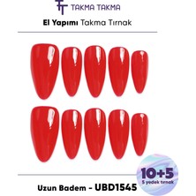 Takma Takma 15'li Kırmızı Uzun Badem UBD1545 Tekrar Kullanılabilir El Yapımı Protez Takma Tırnak - Kırmızı-L