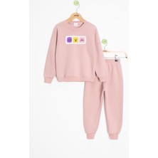 Cansın Mini Pembe Gülenyüz Nakışlı Şardonlu Kız Çocuk Eşofman Takımı 23356