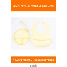 Letsii Sarı 3 Bölmeli Vakumlu Silikon Bebek Mama Seti Önlük, Diş Kaşıyıcılı Kaşık