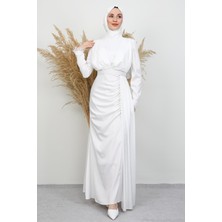 Giza Store Tüylü Saten Tesettür Elbise Beyaz