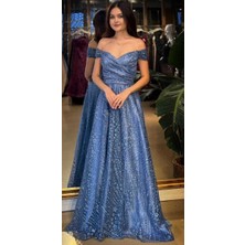 Abiyeniall Indigo Madonna Yaka Sırt Dekolteli  Kloş Etekli  Simli Uzun Abiye Elbise 11066-03