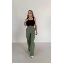 Ressho Yüksek Bel Cepli Poliviskon Palazzo Pantolon – Şık Düğme ve Apolet Detaylı Kadın Pantolon