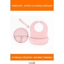Letsii Pembe 3 Bölmeli Kaymaz Vakumlu Silikon Tabak Diş Kaşıyıcılı Kaşık ve Ayarlanabilir Mama Önlüğü