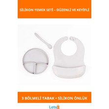 Letsii Gri Silikon Vakumlu Tabaklı Diş Kaşıyıcılı Kaşık ve Ayarlanabilir Mama Önlüğü Seti