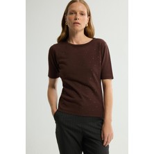 Love My Body Yuvarlak Yaka Kısa Kollu Triko Bluz Kahve 115L9634000