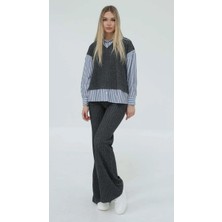 Zeynep Öykü Style Çizgili Gömlekli Ikili Triko Alt Üst Takım