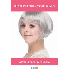 Letsii Gri Gümüş Renk Düz Kesim Astarlı Küt Parti Peruğu