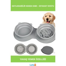 Letsii Katlanabilir Ikili Mama ve Su Kabı Sağlıklı Yavaş Yeme Özellikli Gri