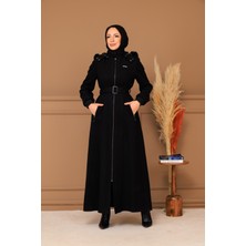 Doque Kışlık Kadın Siyah Kaşe Pardesü Fermuarlı 58011