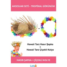 Letsii Tropikal Çiçekli Hasır Şapka ve Hawaii Kolye Seti