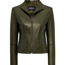 Derimod Amy Kadın Yeşil Devrik Yaka Deri Ceket 25WGE5323MP