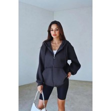 Yakamel Kadın 3 Iplik Oversize Kapüşonlu Fermuarlı Hırka Sweatshirt