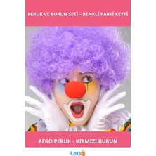 Letsii Mor Renk Kıvırcık Afro Bonus Peruk ve Kırmızı Burun