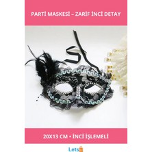 Letsii Siyah Dantel Inci Işlemeli Yandan Tüy Detaylı Parti Maskesi