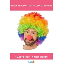 Letsii Gökkuşağı Desenli Afro Peruk ve Kırmızı Sünger Burun Seti