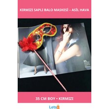 Letsii Lüks Taşlı Saplı Kırmızı Balo Maskesi 35 cm