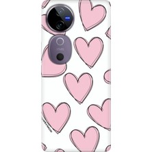 Nurdic Vivo V40 5g Kılıf Vivo V40 Desenli Silikon Baskılı Pembe Çizgili Kalpler