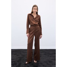 Sateen Jakarlı Pantolon - Kahve