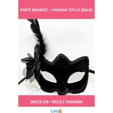 Letsii Şık Siyah Süet Yandan Tüylü Incili Parti Maskesi