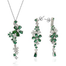 Brezza Lusso Jewelry Pırlanta Model Zümrüt Işıltısı Çiçek Demeti Kadın Gümüş Set