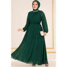 MayaBella Kolları Işlemeli Tesettür Abiye Zümrüt