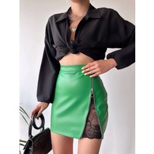 Skygo Dantelli fermuarlı deri etek yeşil w24598