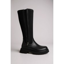 Veli Kundura Ayarlanabilir Streçli Fermuarlı Kalın Taban Siyah Kadın Çizme