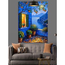 Artmeg Sahil Evi Balkonu Pencere Saksı Gece Dekoratif Kanvas - Mdf Ahşap Tablo