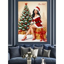 Artmeg Noel Baba Şapkalı Kadın Yılbaşı Dekoratif Kanvas - Mdf Ahşap Tablo