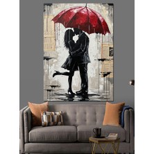 Artmeg Yağmurda Kırmızı Şemsiye Öpücük Dekoratif Kanvas - Mdf Ahşap Tablo