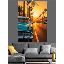 Karizma Tablo Klasik Mavi Araba Gün Batımı Palmiyeli Yol Dekoratif Kanvas - Mdf Ahşap Tablo