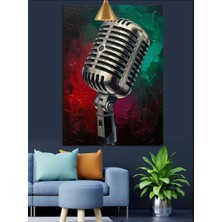 Artmeg Eski Mikrofon Kayıt Cihazı Kırmızı Yeşil Fon Dekoratif Kanvas - Mdf Ahşap Tablo