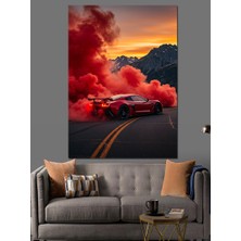 Karizma Tablo Kırmızı Bulutlu Sisli Yol ve Spor Araba Dekoratif Kanvas - Mdf Ahşap Tablo